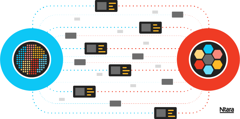 Complex illustration showing a blue circle on the left and a red circle on the right. Inside the blue circle are several smaller colorful circles that represent product data in a PIM. Inside the right circle are several smaller colorful hexagons representing various digital asset types. Dotted lines connect the two circles, with icons representing data and assets to indicate that these two systems pass information to each other.