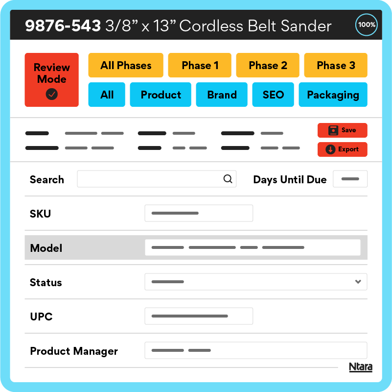 Illustration representing an improved user interface of a PIM system. At the top, specs and a product name "Cordless Belt Sander." Underneath, a bright red button labeled "Review Mode" and various colored buttons for the user to drill down into, including all phases, phase 1, phase 2, etc. There are also buttons for user-based roles such as product, brand, SEO, and packaging. Below, there are fields for various data that populate based on what's selected at the top.