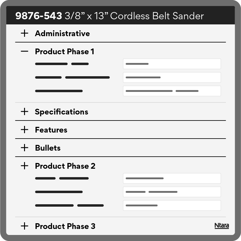 Illustration representing the user interface in a PIM system. At the top are specs and the product name "Cordless Belt Sander." Underneath are various sections labeled administrative, product phase 1, specifications, features, benefits, and more.