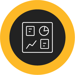 White icon of various types of graphs on a black background with a yellow circle outline