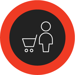 White icon of a person with a shopping cart on a black background with a red circle outline.