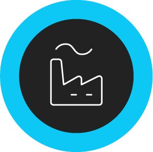 White icon of a manufacturing plant with a black background and a blue circle outline.