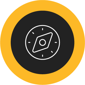 White icon of a compass with a black background and a yellow circle outline