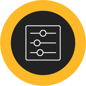 White icon of an abacus with a black background and a yellow circle outline