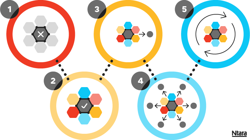 Illustration representing the DAM maturity model. Two rows of circles with variations of the same illustration inside. Circle 1 on the top right is red. Inside, it has a variety of hexagons all in gray with an X in the center, representing a company that has no DAM in place. A dotted line connects that circle to the first circle in the bottom row. Circle 2 is yellow and inside are the same hexagons in gray, yellow, blue, and red with a white checkmark indicating that DAM is in place. A dotted line connects to circle 3 in the top row, a lighter shade of yellow with the same colorful hexagons and an arrow pointing to one gray circle. This indicates that the DAM is in place and syndicating to one marketing channel. A dotted line connects to circle 4 in the bottom row. It is blue with the same colorful hexagon inside and several arrows pointing to several gray circles. It indicates a DAM that is syndicating to many channels. A dotted line connects to the final circle, circle 5 on the top right. it is blue with the same colorful hexagon illustration. it's surrounded by two arrows indicating a flow of information, or the Digital Shelf Analytics feedback loop. This is the highest level of DAM maturity.