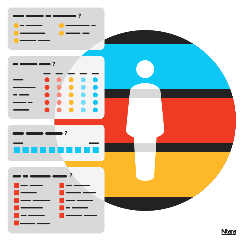 Illustration with a white icon of a person against a circular backdrop with black, blue, red, and yellow stripes. To the left are various gray rectangular bubbles with various yellow, blue, and red circles and squares representing different types of data about the person.