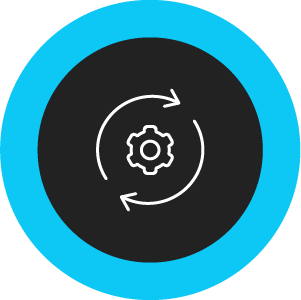 White icon of a gear on a black circle outlined in blue