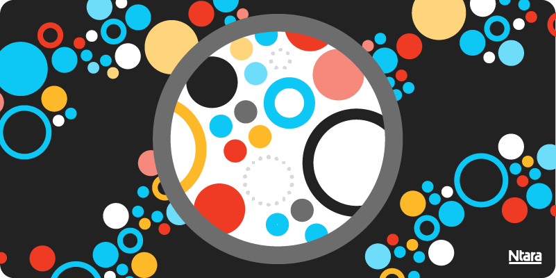 Large circle in the center with a grey outline and white background. It has several circles in the center in varying shapes, colors, and sizes. Behind that on a black background are wavy bands of circles in varying shapes, colors, and sizes.  