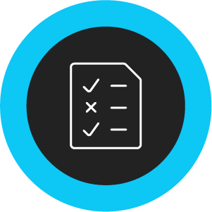 Black circle with a thick blue outline. Inside the circle is a white icon of a checklist. Two items are checked off and one is marked with an X. 