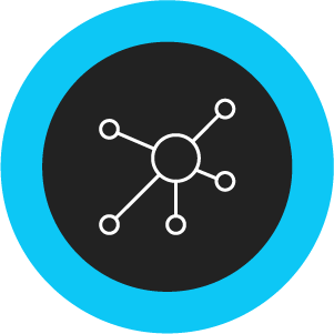 Black circle with a thick blue outline. In the center of the circle is a white icon with a circle in the center connected by lines to five smaller circles. 