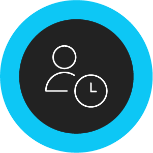 Black circle with a thick blue outline. White icon in the center of a person and a clock. 
