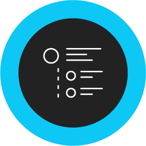 Black circle with thick blue outline. A white icon in the center is an abstract series of circles and lines. 