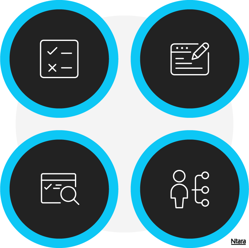 RBH Blog - approach Four black circles outlined in blue with white icons. One has a checklist. Another has a pencil taking notes on paper. Another has a web page and a magnifying glass. The last is a person.