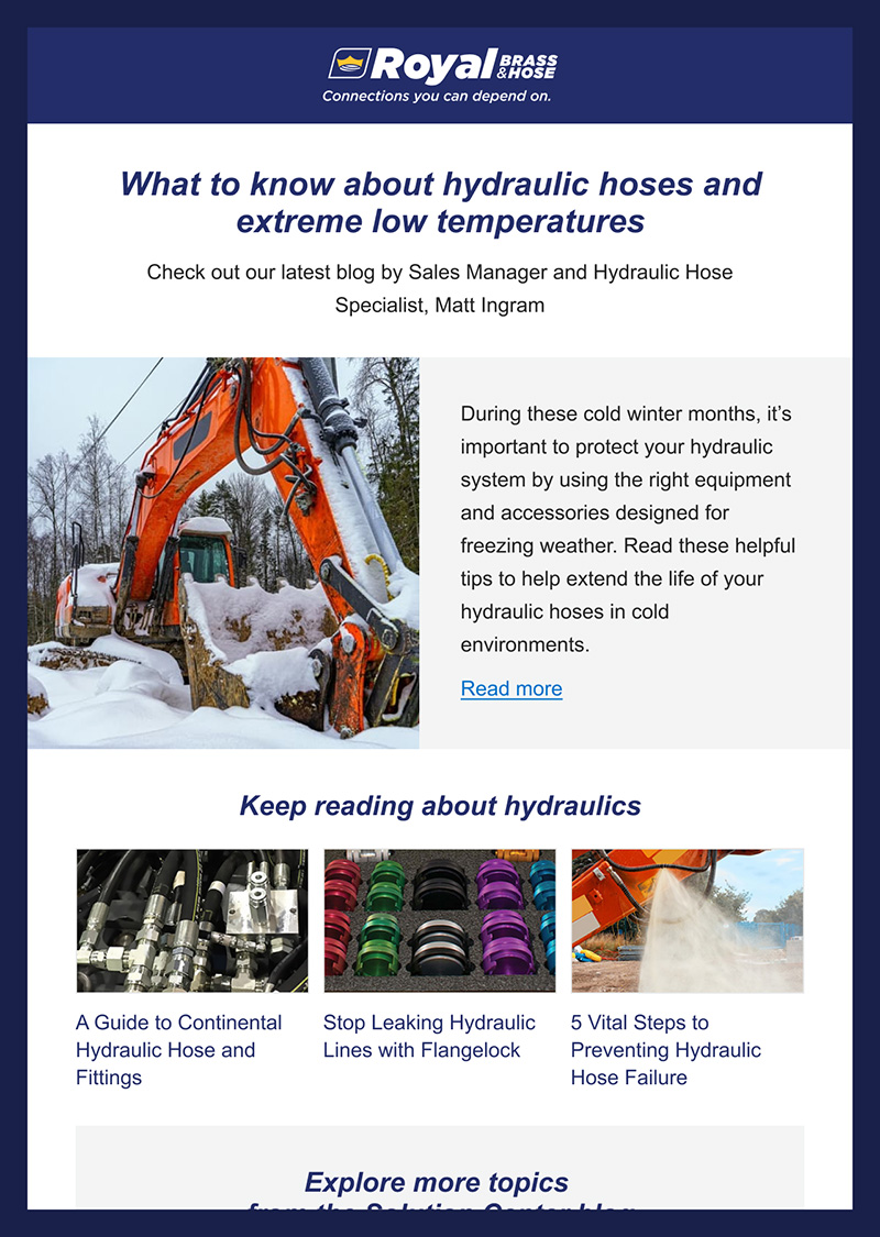 RBH-email Picture of an actual Royal Brass & Hose email. Headline says what to know about hydraulic hoses and extreme low temperatures.