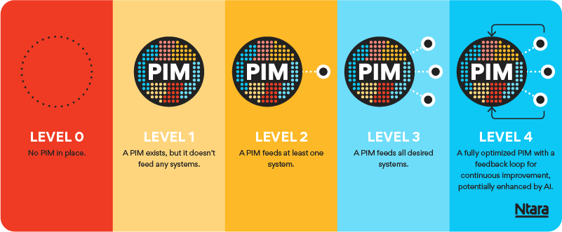 Illustration depicting 5 levels of PIM maturity, showing a simple graphical representation of each level with a brief text description beneath.