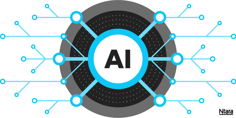 Illustration with the letters AI in the center of a white circle outlined in blue. Branching out from that circle are many blue lines and white circles outlined in blue. In the background are darker circles.
