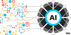 AI Reshaping - PXM foundation Abstract diagram with colorful connected dots and circles feeding into a central AI network graphic