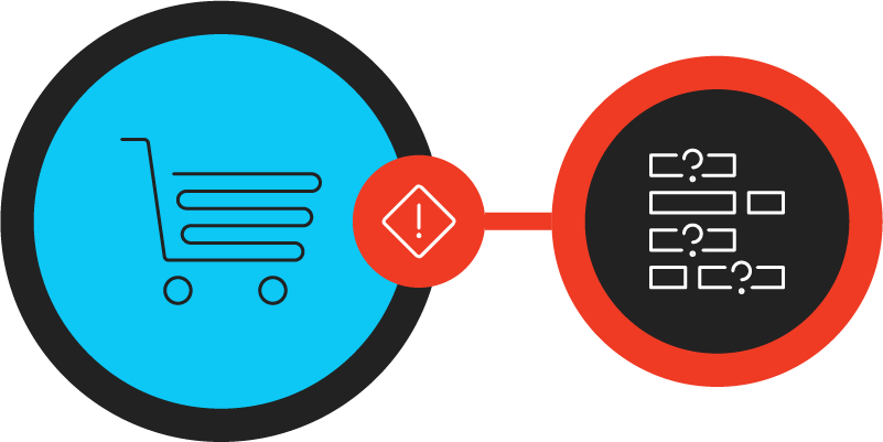Icon representing ecommerce and product teams connected to icon representing fragmented product data